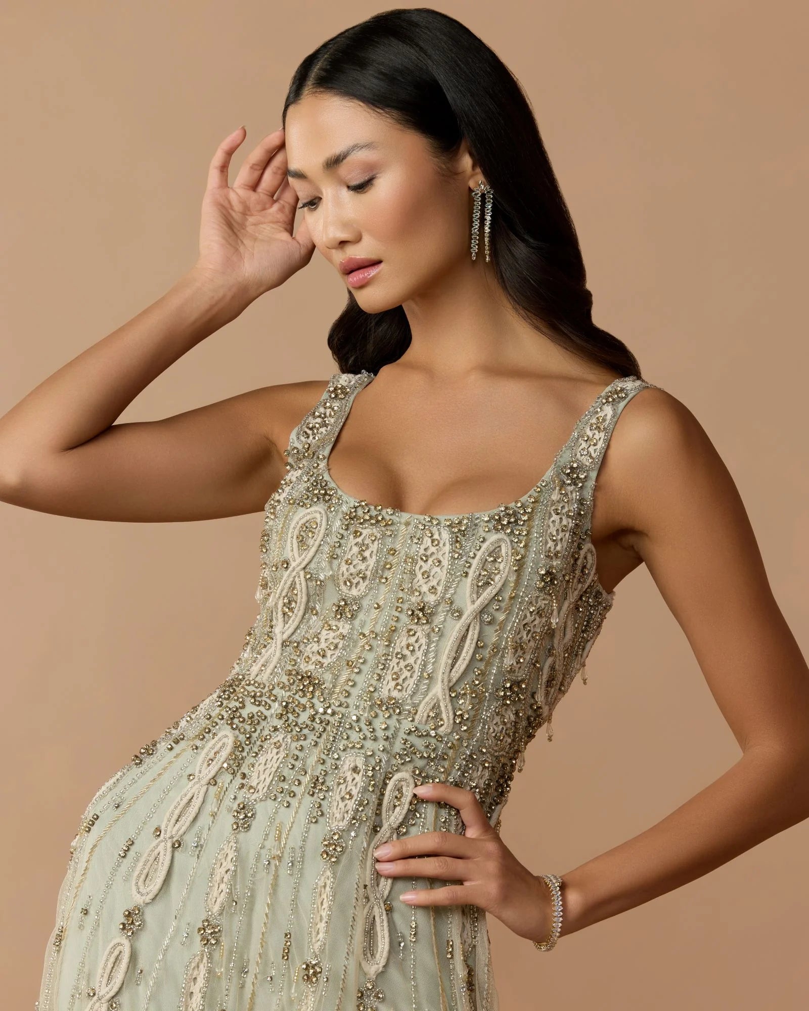 Petite Green Sleeveless Scoop Neck Embellished Midi Dress