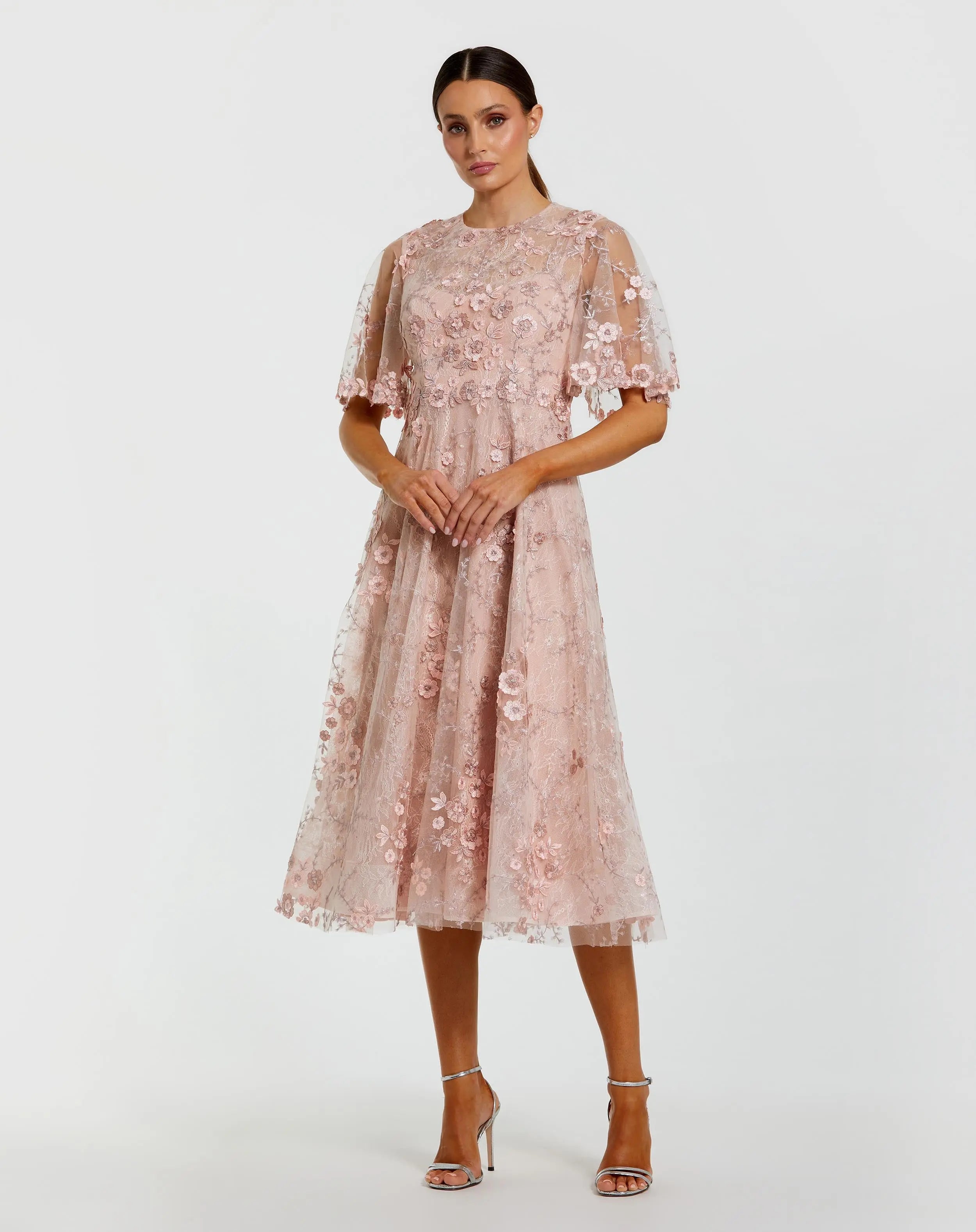 Flutter Sleeve Embroidered Midi Dress