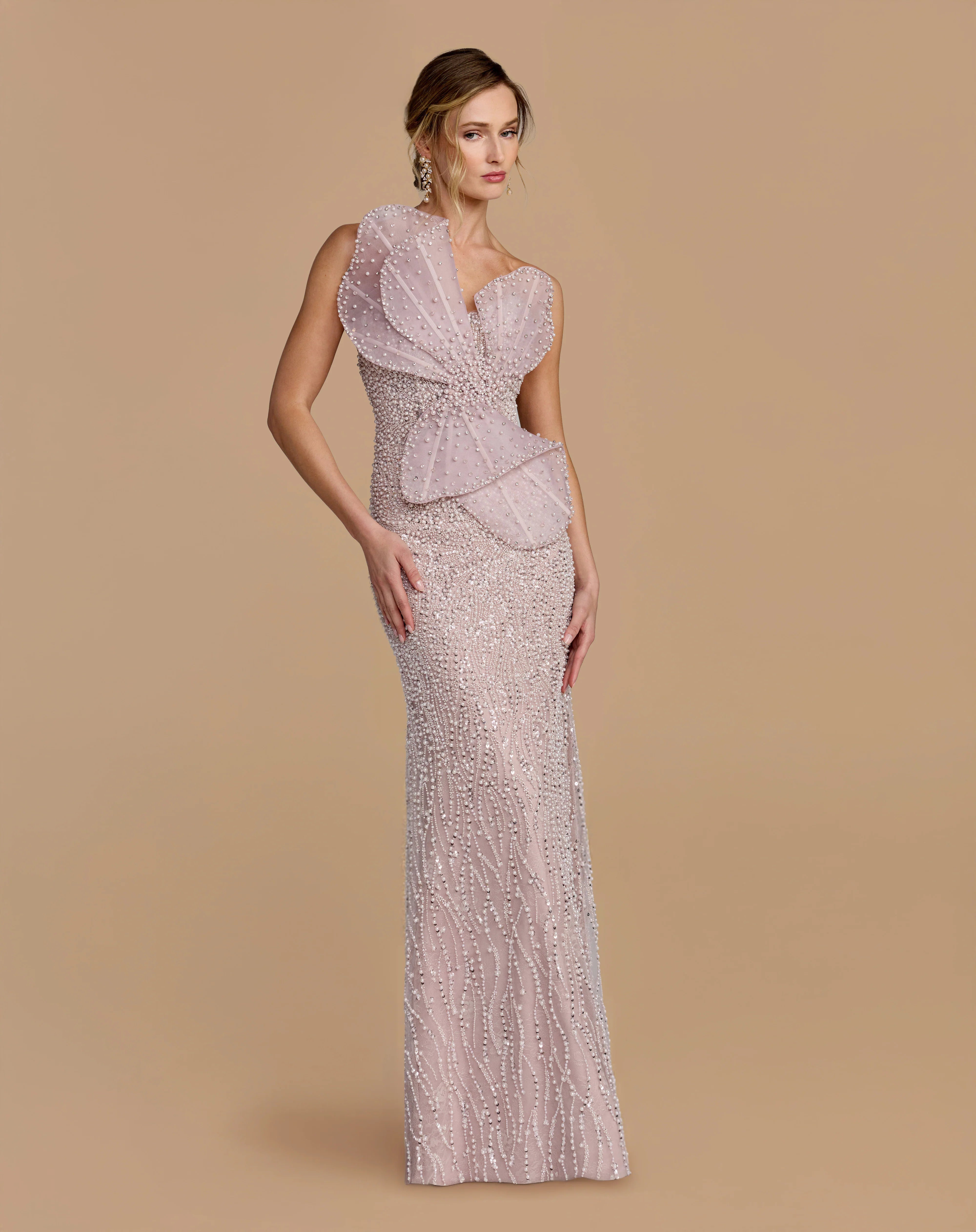 Strapless Embellished Column Gown With 3D Petals