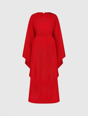 Red Crepe Boat Neck Kaftan Maxi Dress With Belt