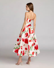 White Strapless Floral Printed A Line Midi Dress