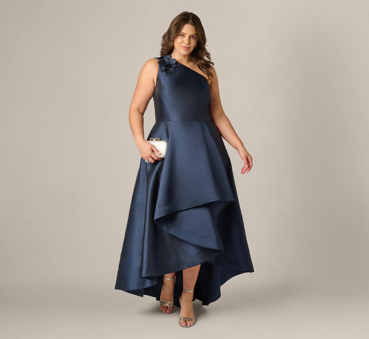 Plus Size One Shoulder Draped Mikado High Low Gown In Midnight