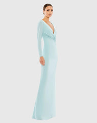 Blue Long Sleeve Ruched Jersey V-Neck Gown