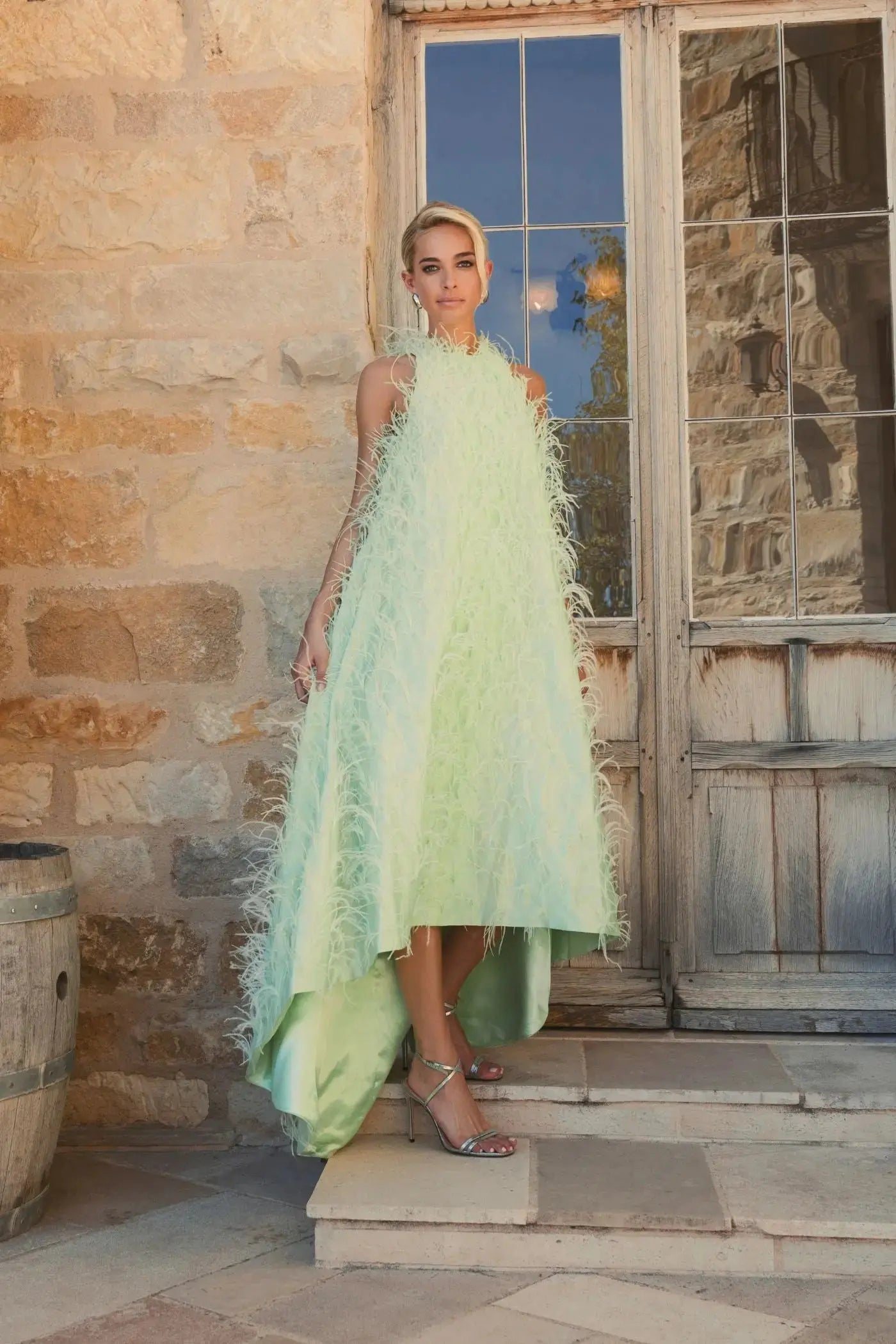 Green Sleeveless Feather Embellished High Low Gown
