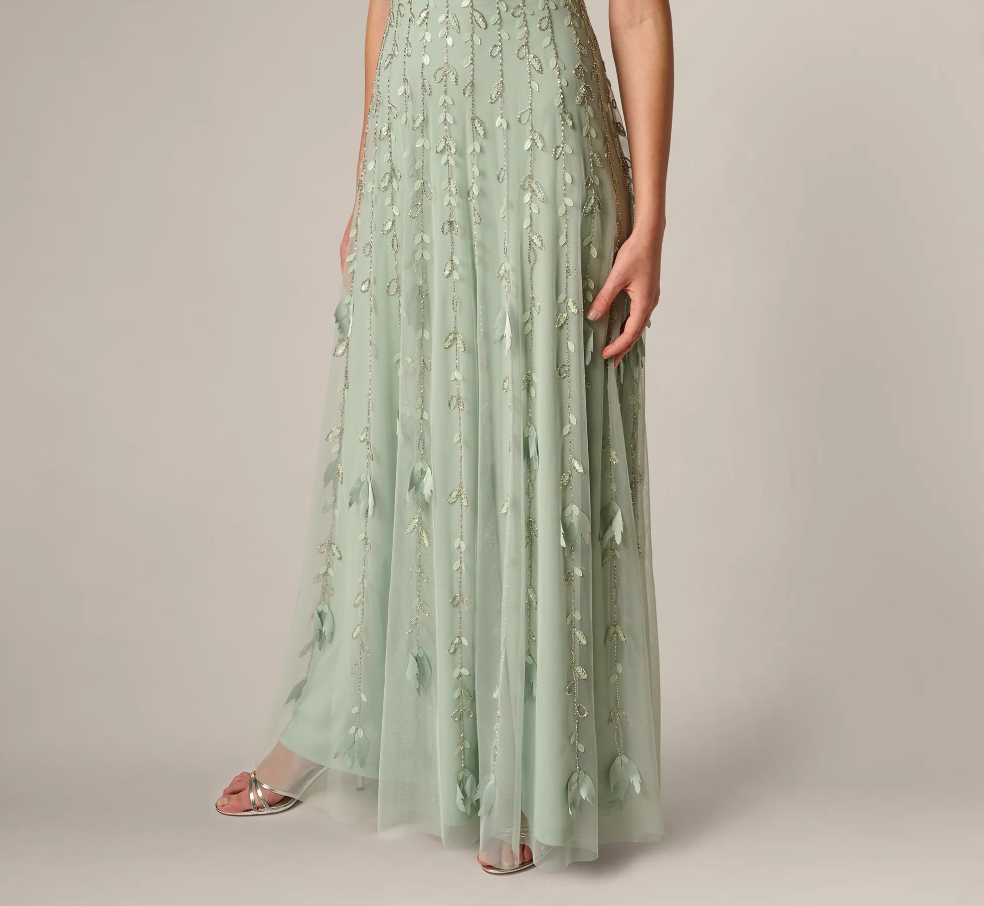 Short Sleeve 3D Beaded Vine Gown In Icy Sage