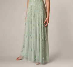Short Sleeve 3D Beaded Vine Gown In Icy Sage