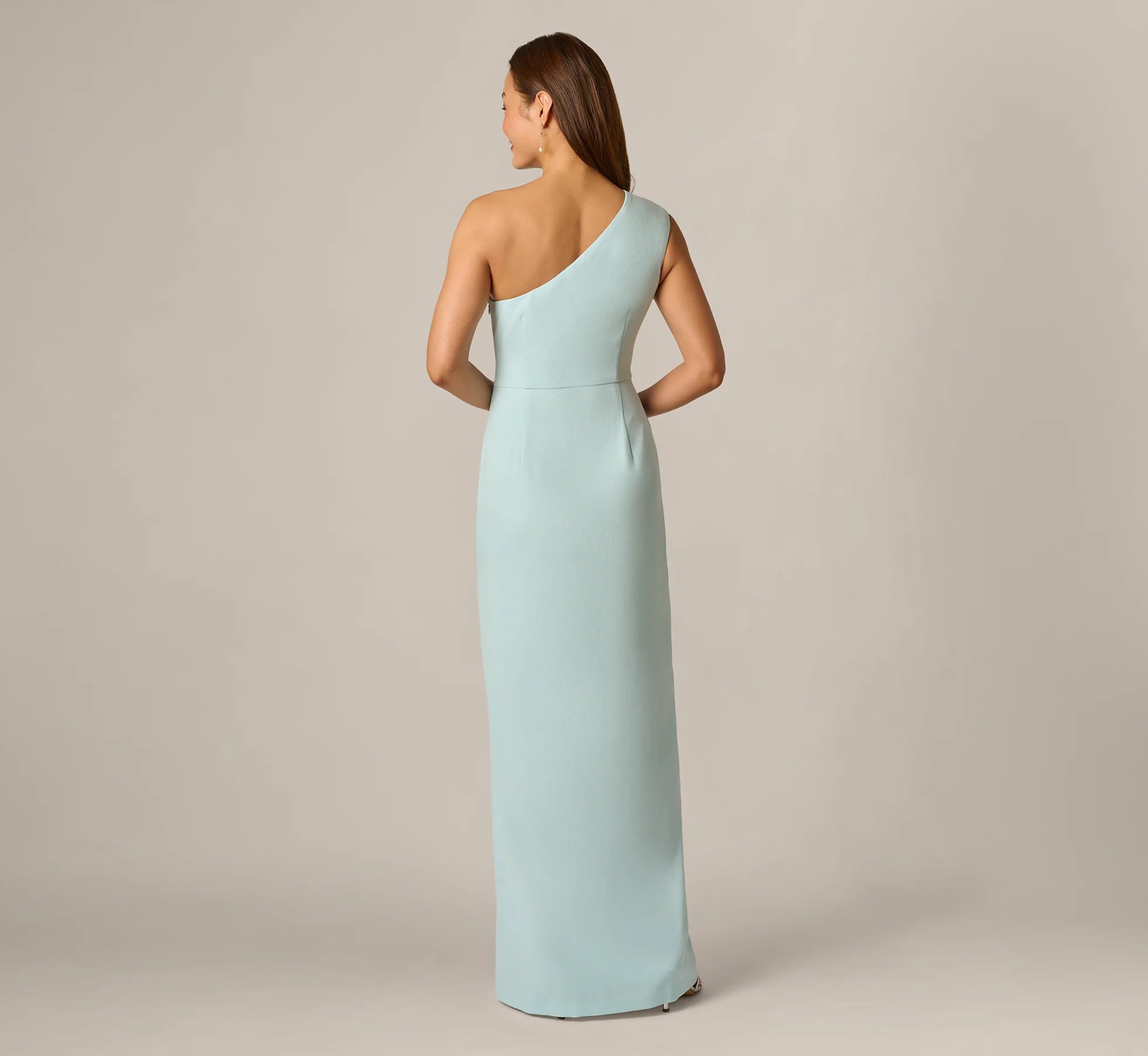 One Shoulder Draped Ruffle Stretch Gown In Clear Sky