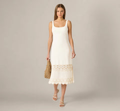 Crochet Trimmed Sheath Midi Dress With Tank Straps In Ivory