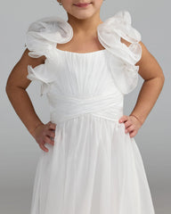 Girls White Chiffon Ruffle Shoulder Long Dress