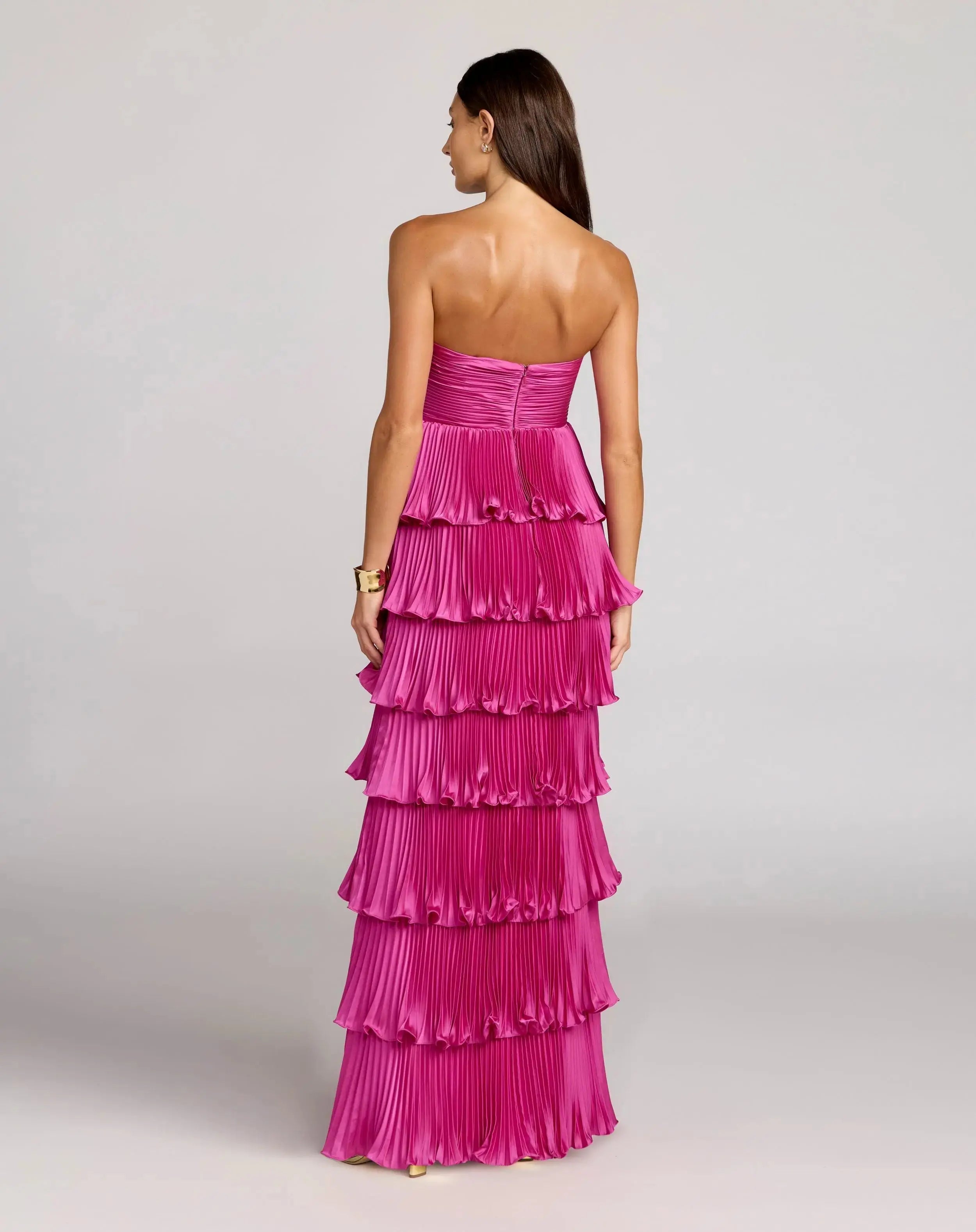 Petite Pink Pleated Charmeuse Strapless Tiered Ruffle Gown