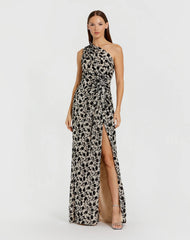 Beige One Shoulder Sequin Gown with Floral Velvet Detail