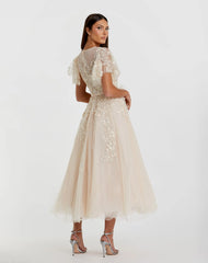 Beige Embellished Flutter Sleeve Bow Waist A Line Dress - FINAL SALE