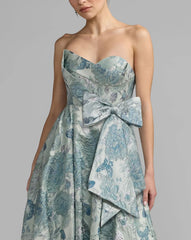 Blue Strapless Floral Brocade Ball Gown With Bow Detail