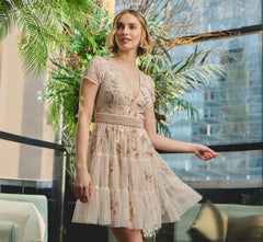 Cap Sleeve Pearly Sequin Cocktail Dress In Pale Pink