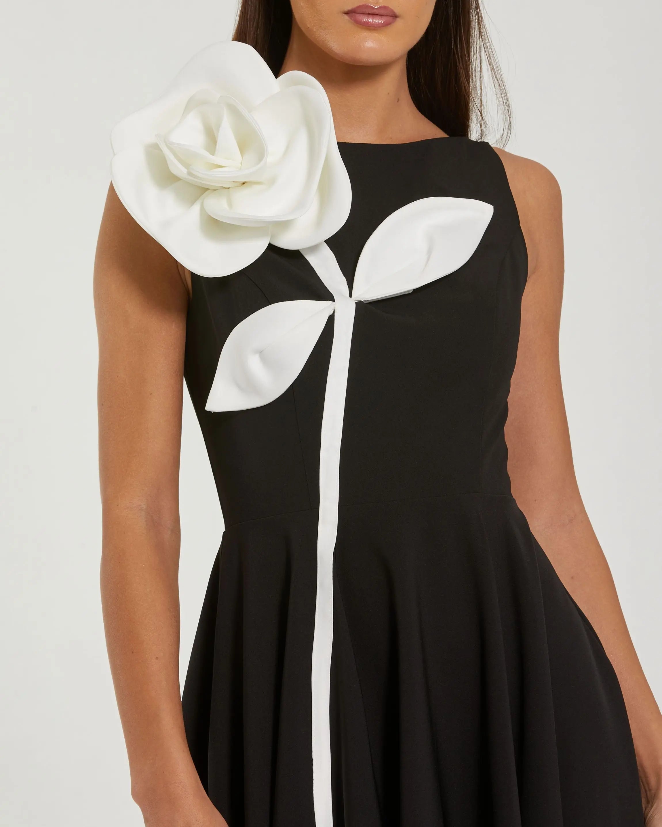 Black Crepe A Line Midi Dress with 3D Flower