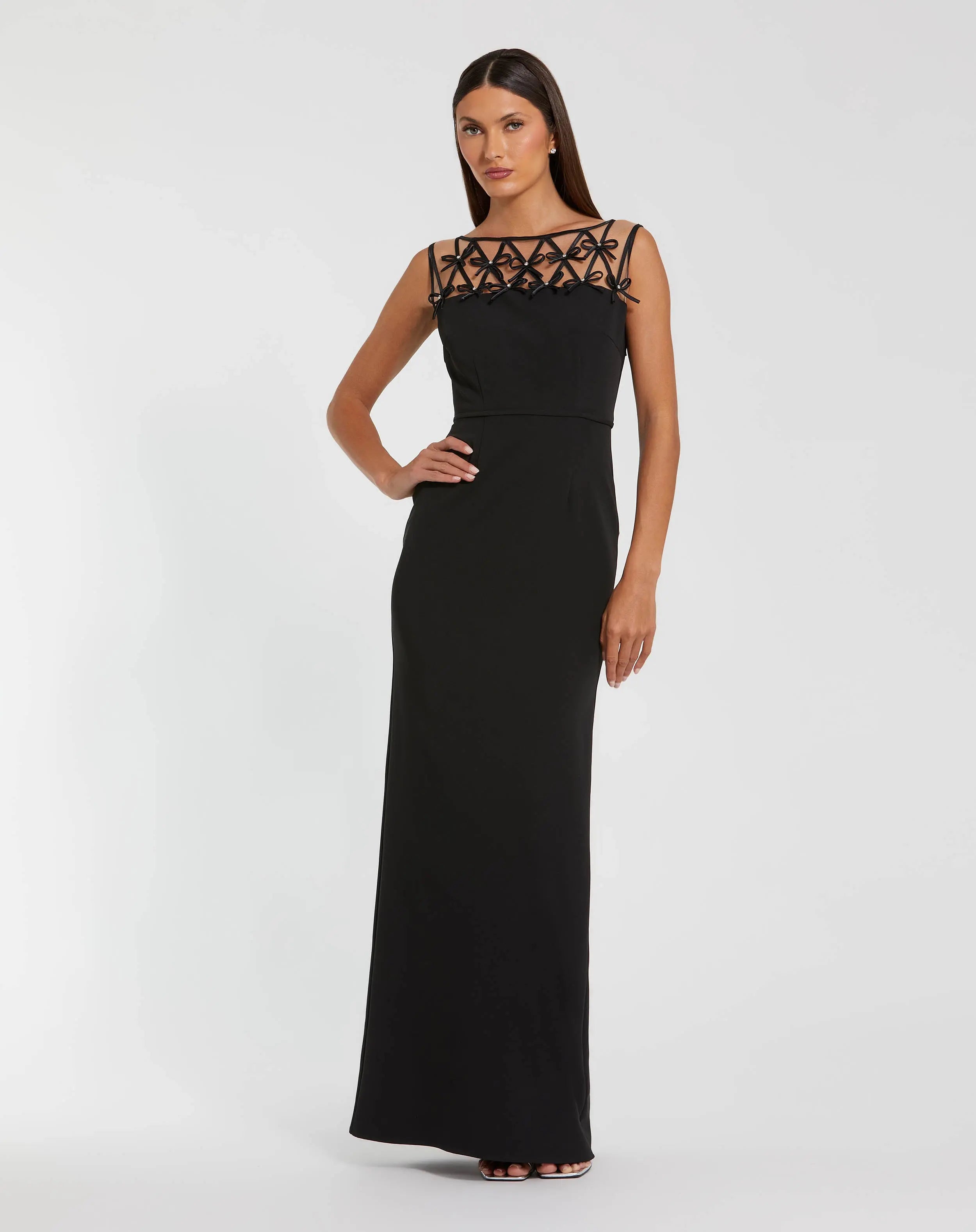 Sleeveless Crepe Gown With Embellished Bows