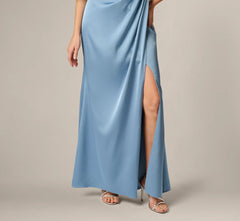 Crepe Back Satin One Shoulder Long Dress In Blue Cloud