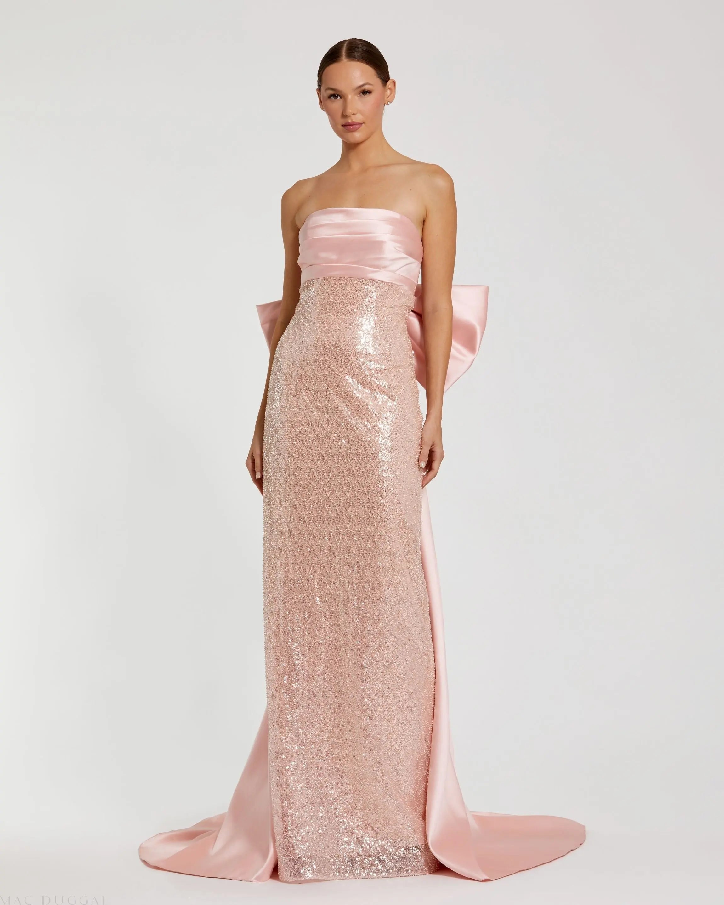 Strapless Embellished Gown With Back Bow Detail