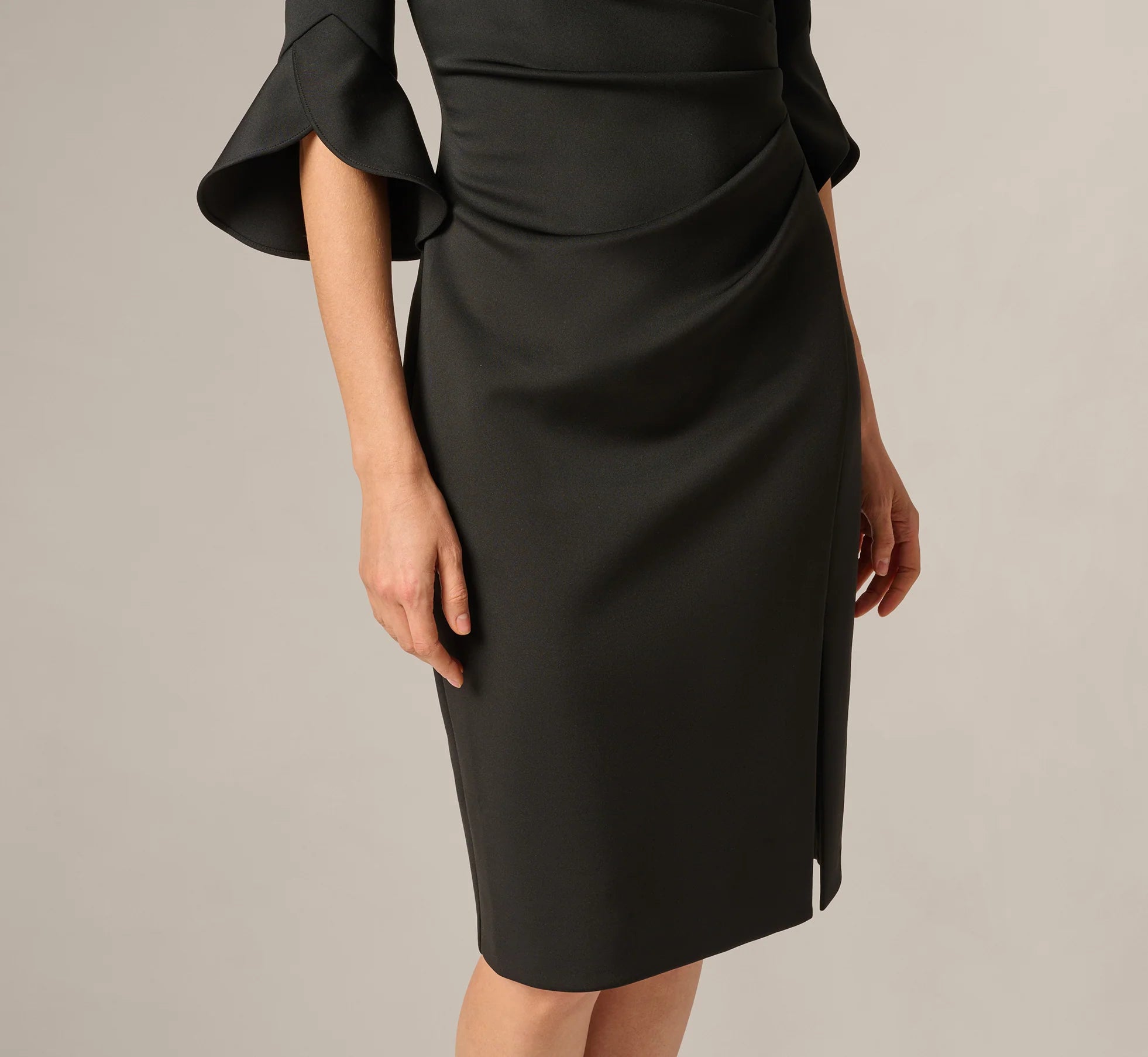 Three Quarter Sleeve Faux Wrap Midi Dress In Black