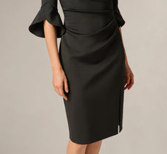 Three Quarter Sleeve Faux Wrap Midi Dress In Black