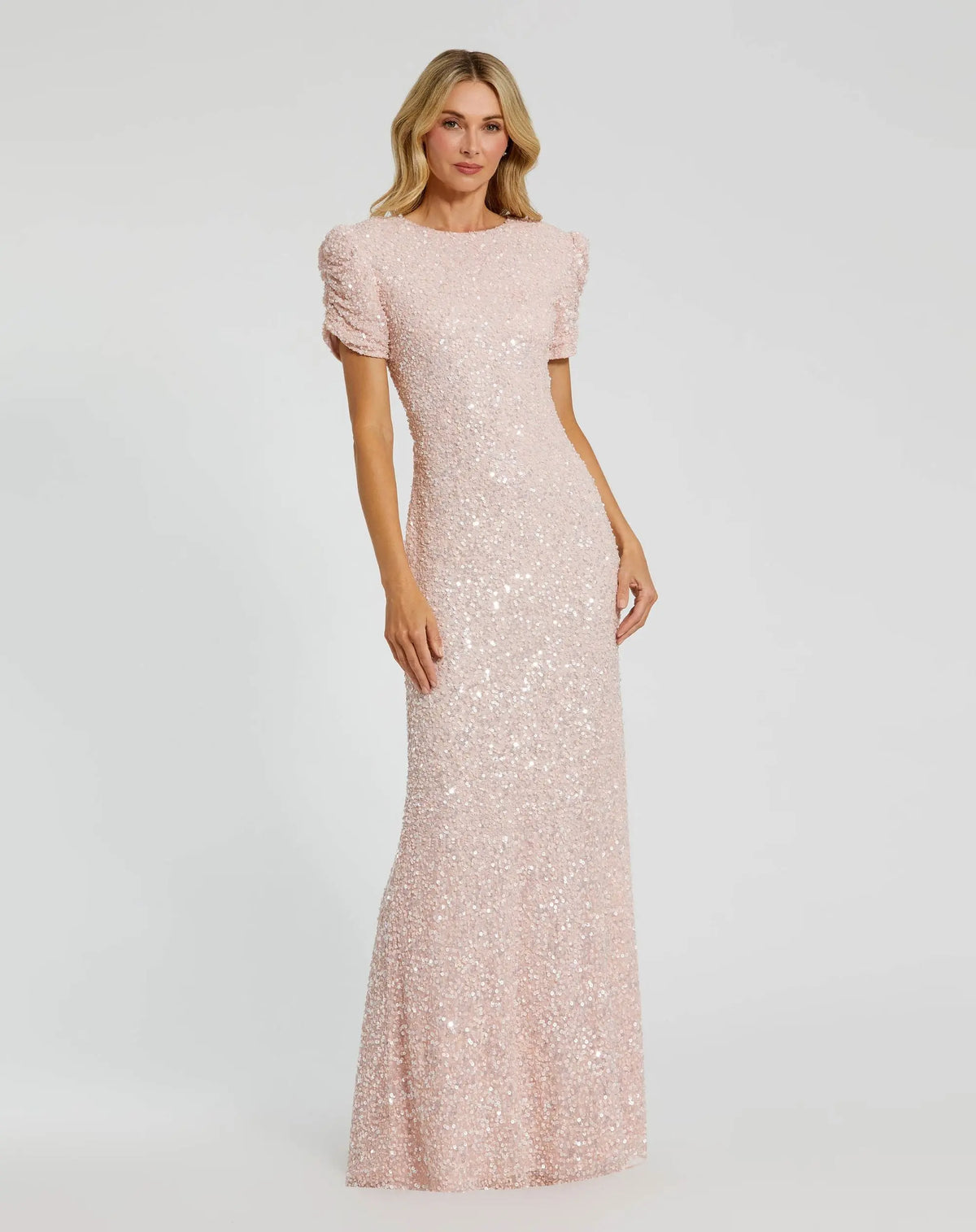 Gathered Short Sleeve Beaded Gown