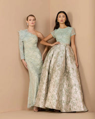 Green One Shoulder Embellished Gown With Floral Accent