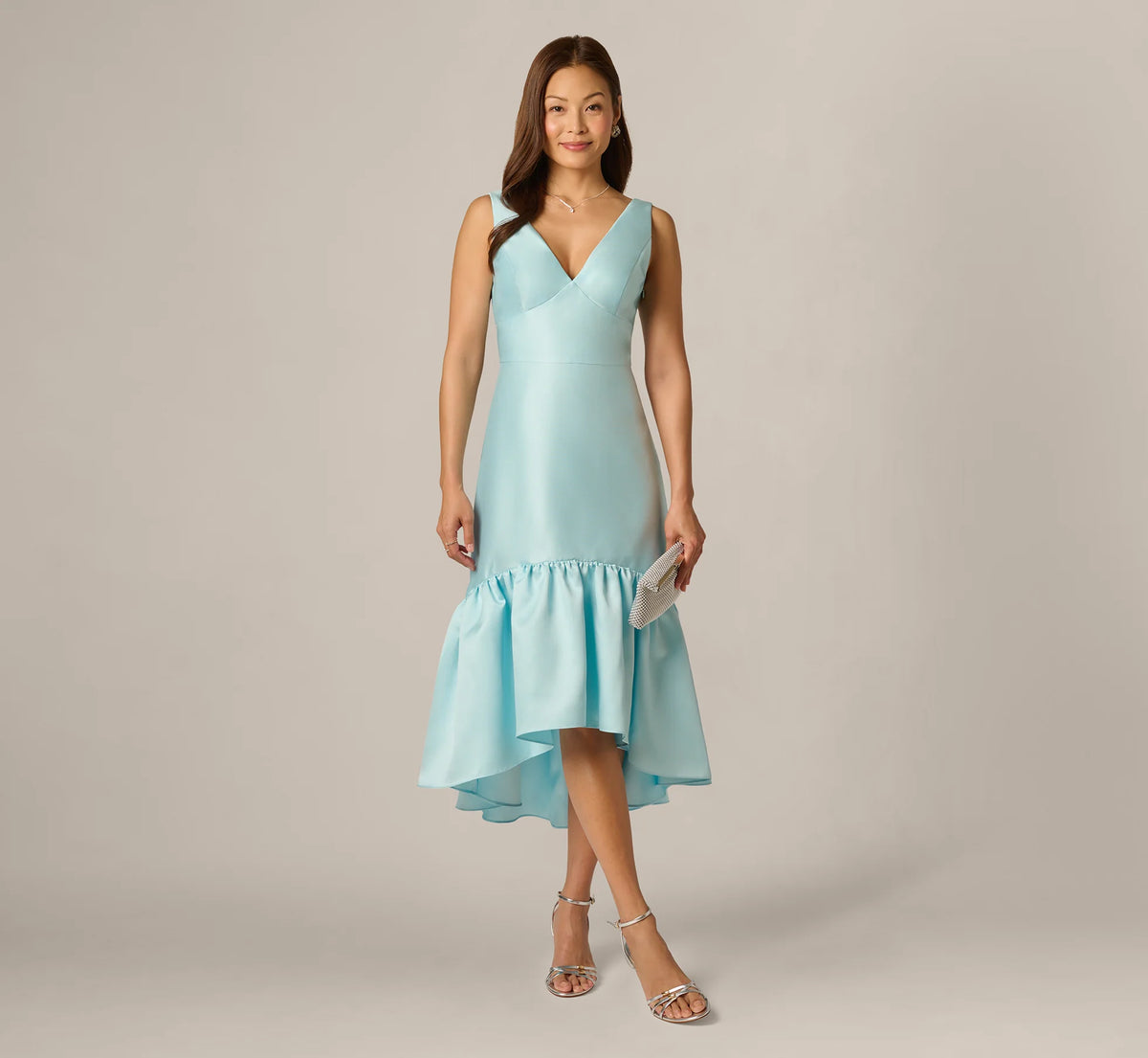 High Low Ruffle Midi Dress In Clear Sky