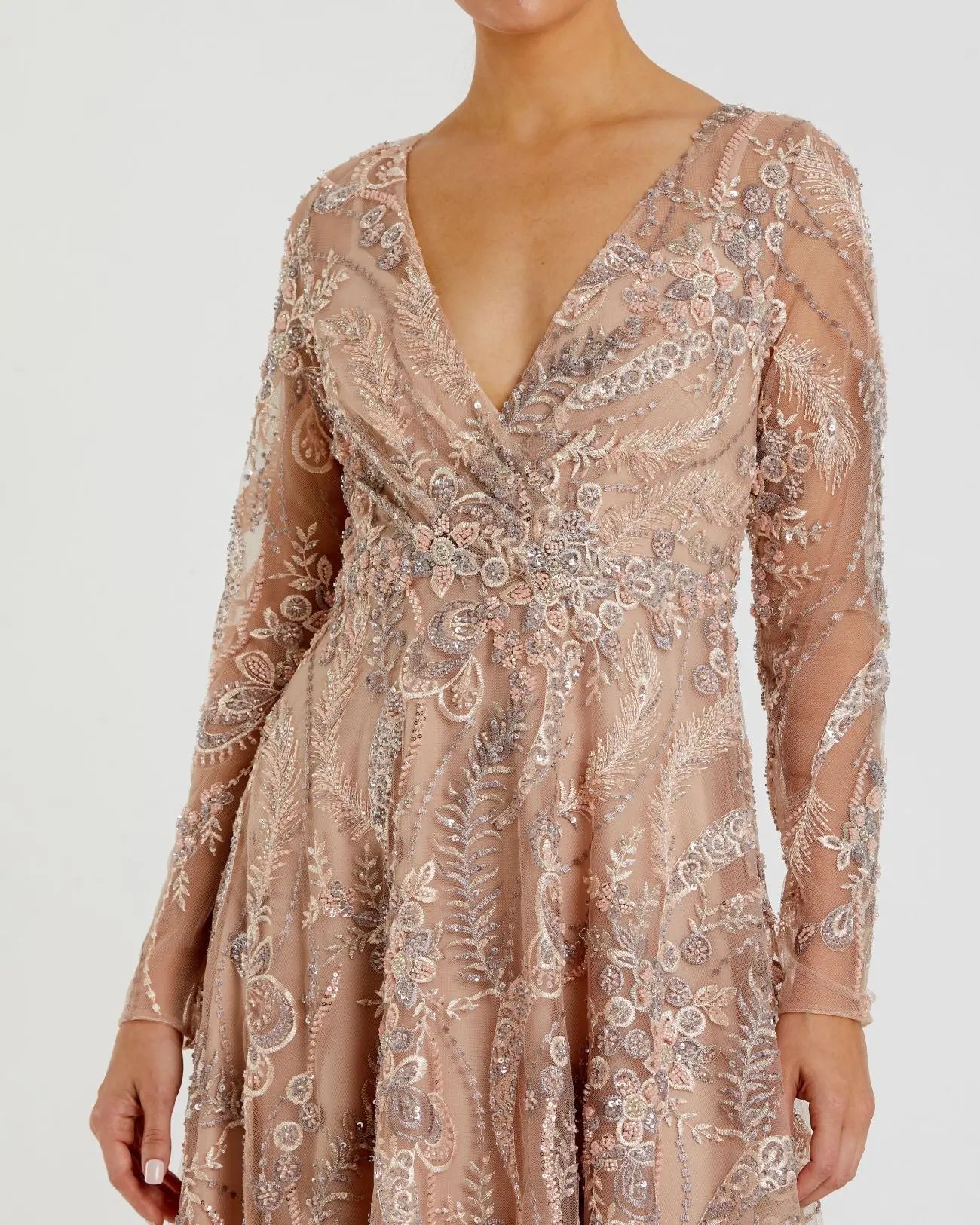 Beige Embroidered Long Sleeve V-Neck Midi Dress