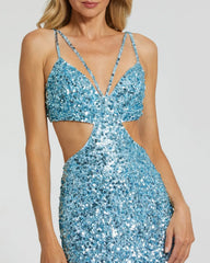 Blue Thin Strap Cut Out Evening Gown With Ombre Sequins
