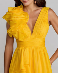 Yellow Ruffle Shoulder V-Neck Chiffon Gown