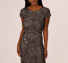 Blouson Short Sleeve Beaded Long Dress In Lead