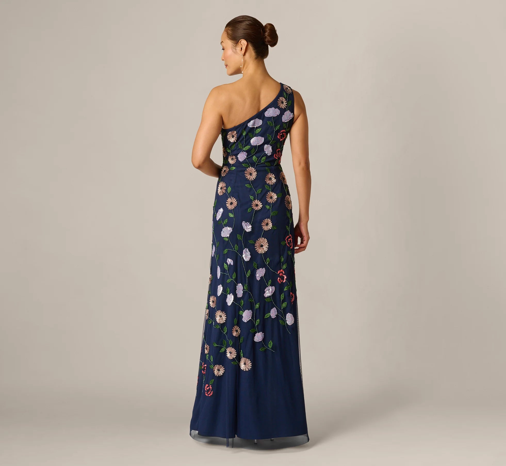 One Shoulder Floral Garden Beaded Gown In Navy Multi