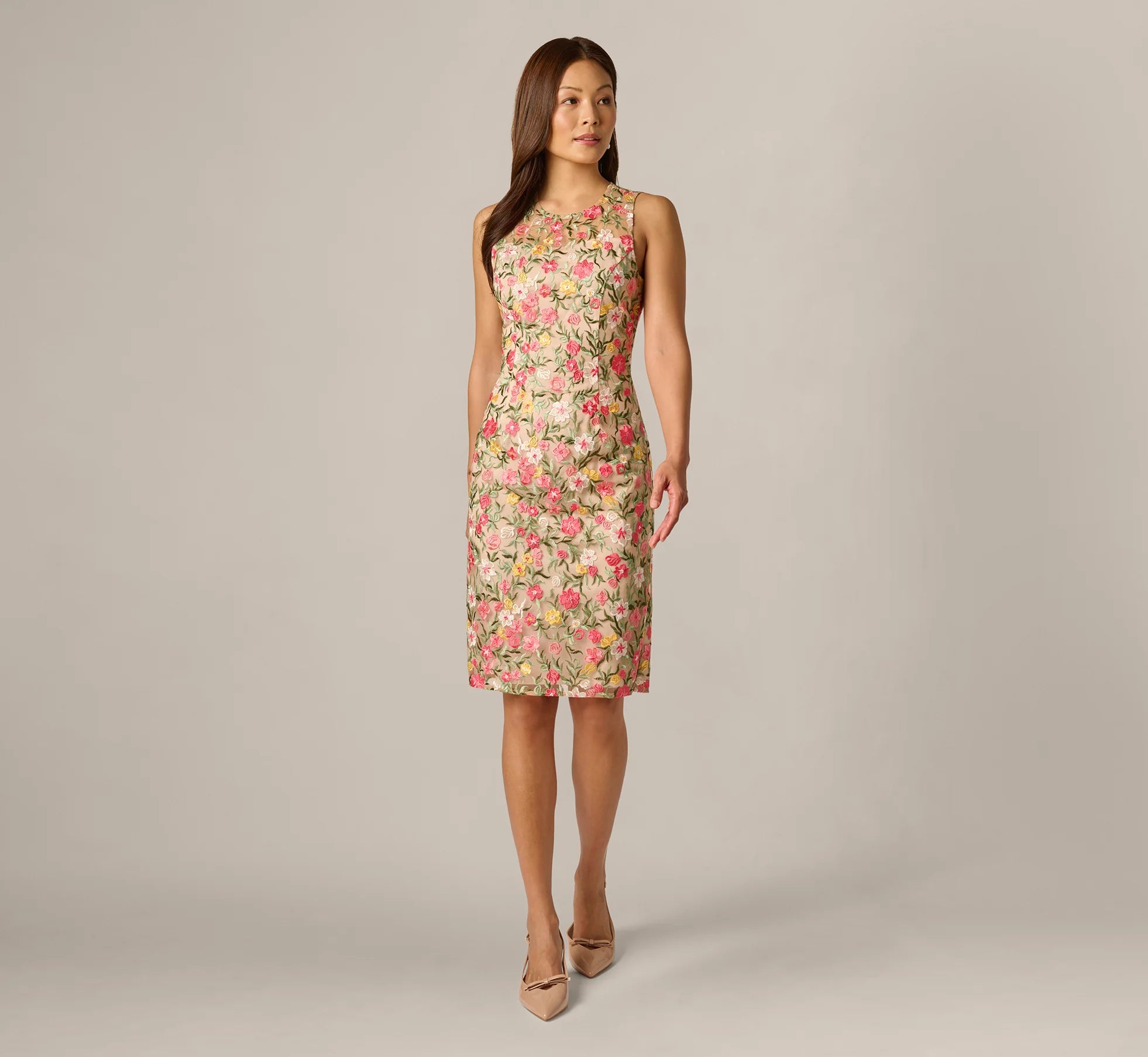 Floral Embroidered Illusion Sheath Dress In Coral Multi