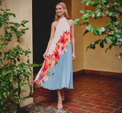 Pleated Chiffon Floral Color Block Midi Trapeze Dress In Blue Multi