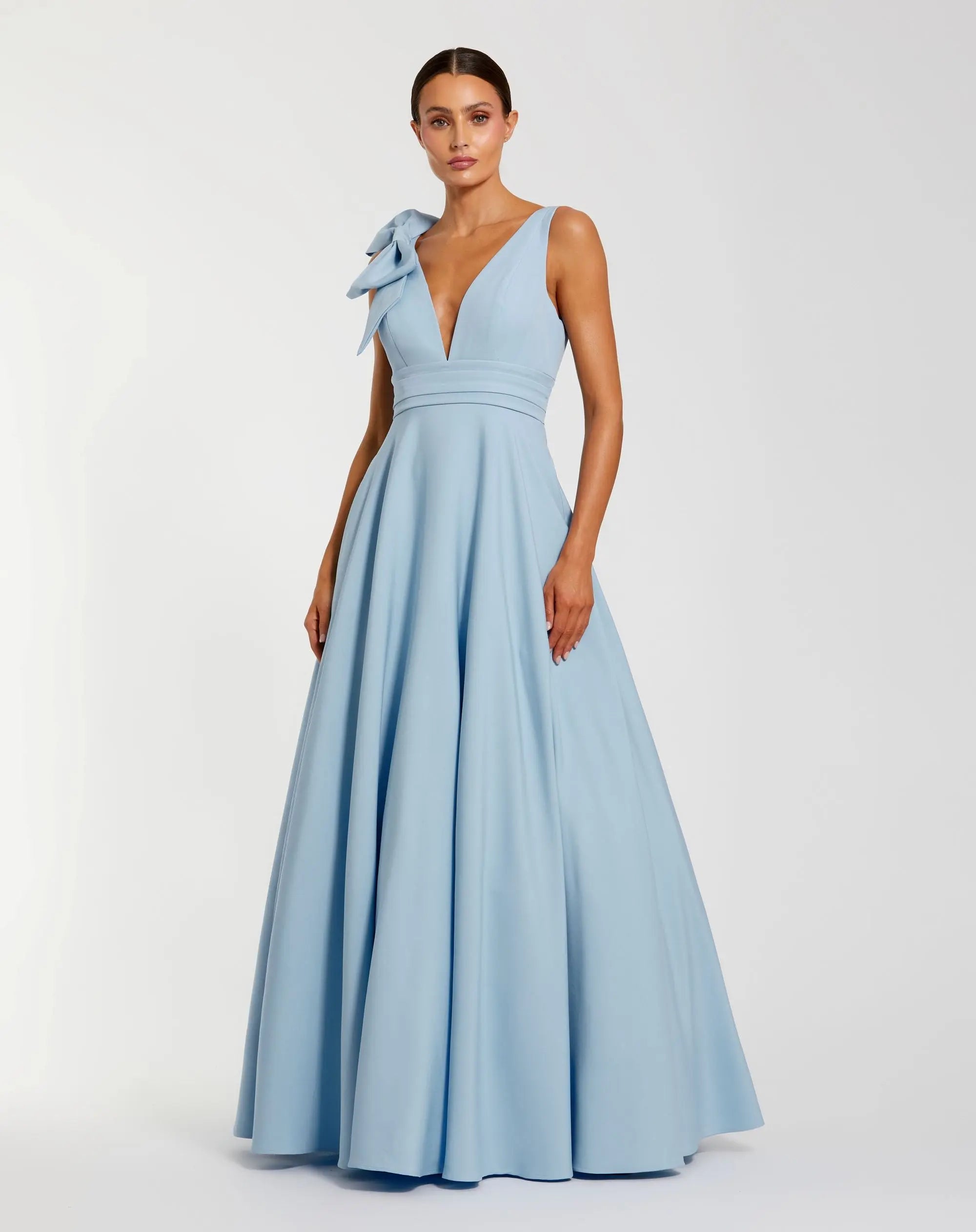 Sleeveless Plunge Neck Ball Gown With Bow Detail