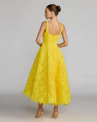 Yellow Lace Square Neck A-Line Midi Dress