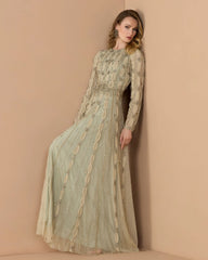 Green Embellished Long Sleeve A-Line Gown