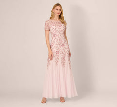 Hand Beaded Short Sleeve Floral Godet Gown In Blush Pink