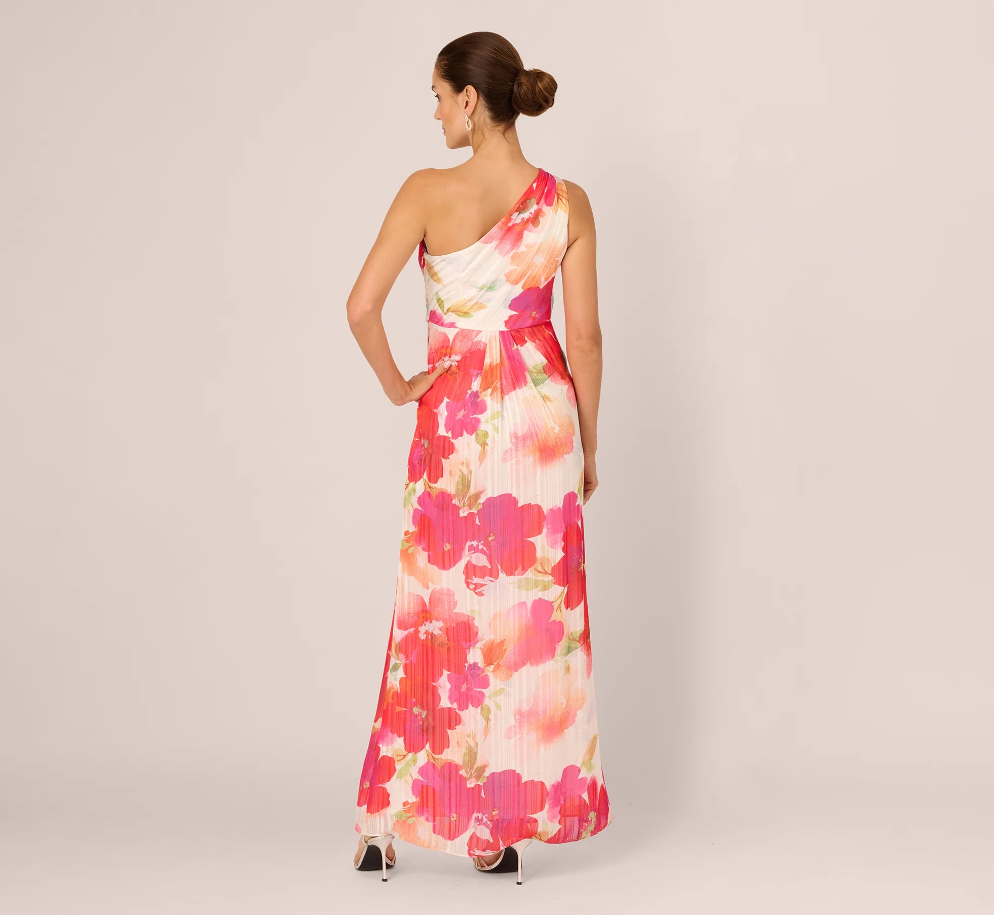 One Shoulder Watercolor Floral Stripe Gown In Ivory Pink Multi
