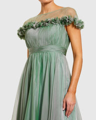 Green Chiffon Illusion Neck Midi Dress With 3D Flowers