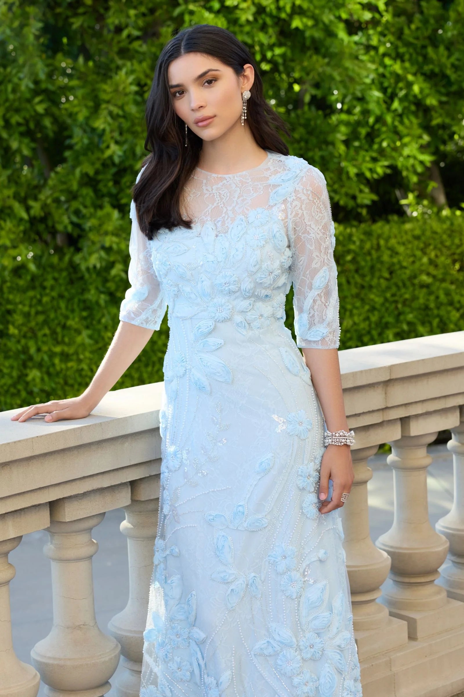 Blue High Neck Embellished Lace Gown with 3/4 Sleeves
