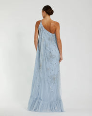 Blue One Shoulder Bow Embellished High Low Gown