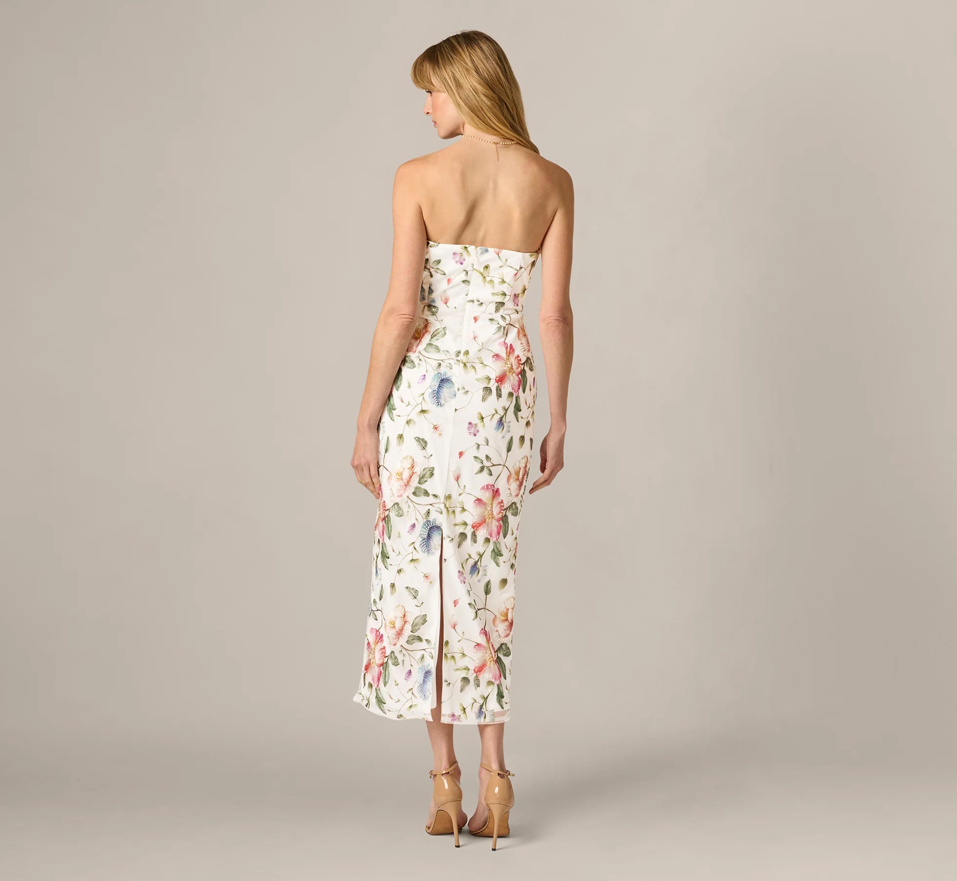 Strapless Floral Beaded Embroidery Midi Dress In Ivory Multi
