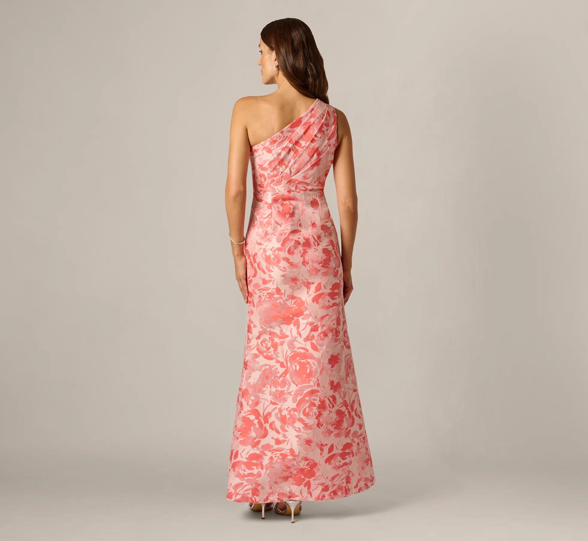 One Shoulder Floral Jacquard Draped Gown In Coral Multi