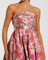 Pink Floral Brocade Strapless A-Line Midi Dress