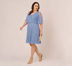 Plus Size Hand Beaded Illusion Faux Wrap Short Cocktail Dress In French Blue