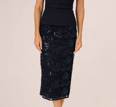 Sleeveless Sequin Lace Combo Midi Dress In Midnight
