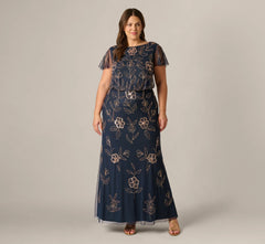 Plus Size Flutter Sleeve Floral Beaded Blouson Gown In Navy Rosegold