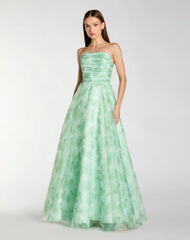 Green Strapless Floral Chiffon Gown with Ruched Detail