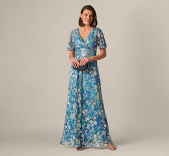 Flutter Sleeve Crinkle Foil Floral Gown In Blue Multi